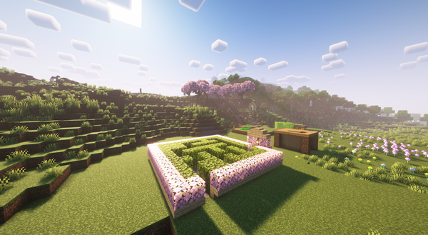 My Minecraft forever world, with a garden maze and some farms.